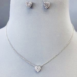 Dainty Small Clear Rhinestone Heart Pendant Necklace Set