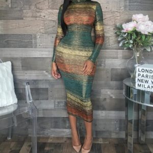 Fashion Striped Gradient Long Sleeves Stand Collar Dress