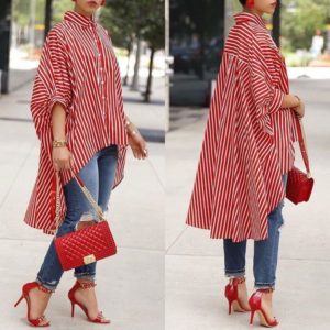 Euro Bat Sleeve Striped Asymmetrical Blouses