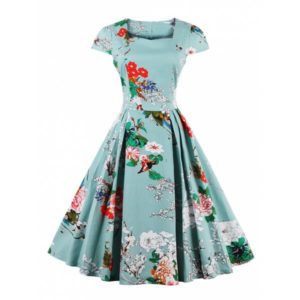 Retro Sweetheart Neck Cap Sleeve Floral Print Flare Dress