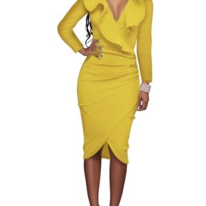 V-Neck Ruffled Solid Long Sleeve Wrap Dress