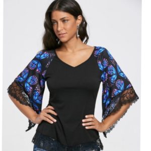 Butterfly Raglan Sleeve T-shirt with Lace Trim