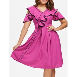 Contrast Trim Ruffle Cold Shoulder Dress