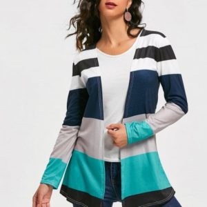 Casual Style Collarless Long Sleeve Colorful Stripe Women's Cardigan