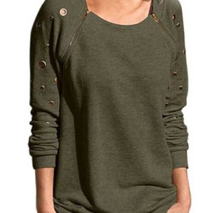 Stylish Scoop Neck Long Sleeve Army Green Hole Design T-Shirt For Women