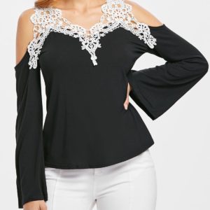 Crochet Trim Cold Shoulder Long Sleeve Top