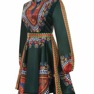 Long Sleeve Round Neck Printed Pattern African Dress