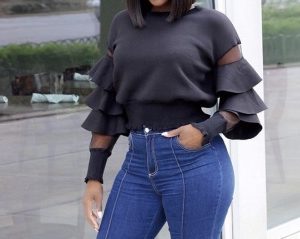 O-Neck Long Sleeve Mesh ruffle Long Sleeve Blouse
