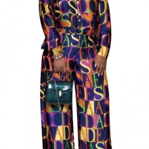 Elastic Fly Long Sleeve Mid Print Letter Loose Capris Two-Piece Suit