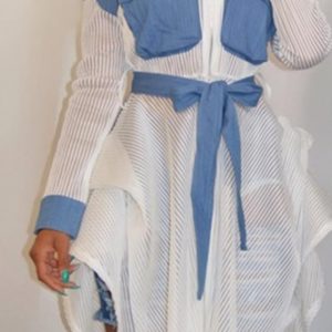 Turndown Collar A-Line Knee-Length Mesh Ruffle Bandage Chain Dress