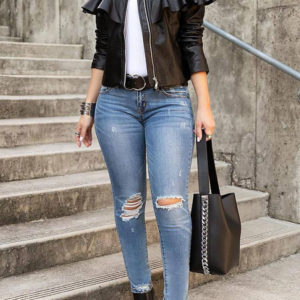 Black O-Neck Ruffle Solid Long Sleeve Blazer