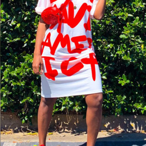 Letter Printed Red & White Mid Calf Dress