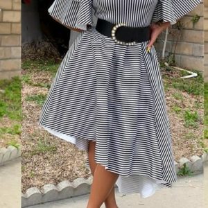 Sweet Turtleneck Striped White Knee Length Dress