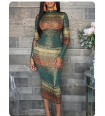 Fashion Striped Gradient Long Sleeves Dress