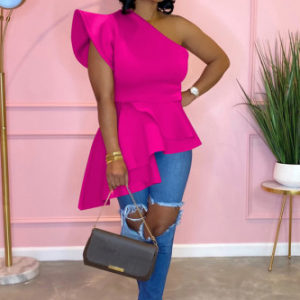 One Shoulder Collar Sleeveless Ruffle Blouse